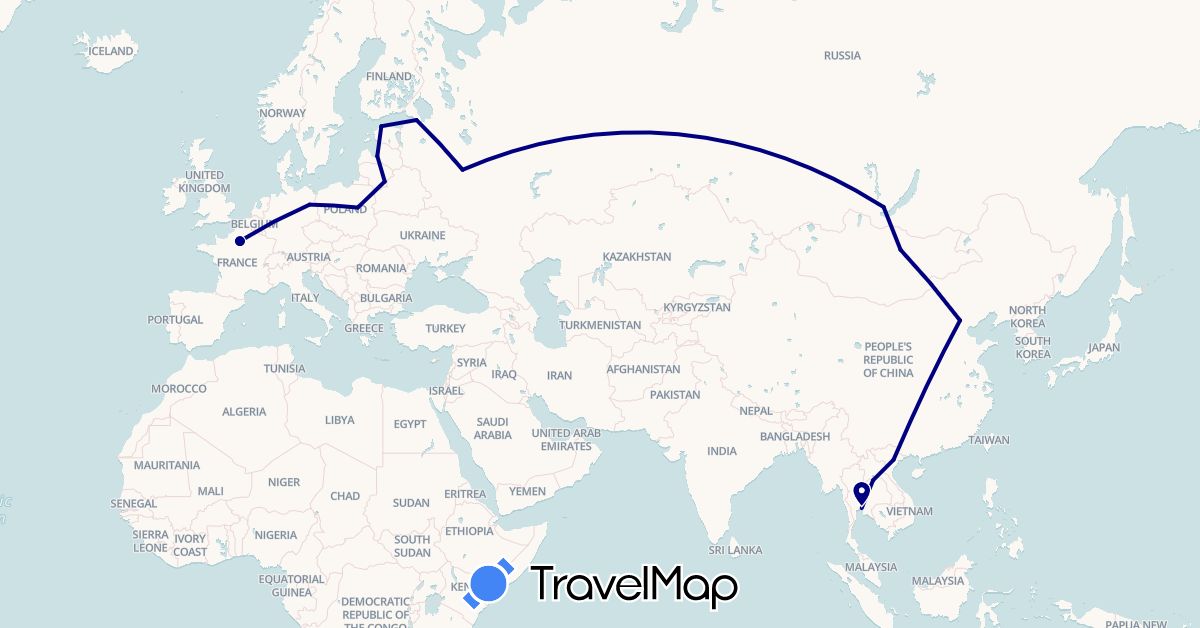 TravelMap itinerary: driving in China, Germany, Estonia, France, Laos, Lithuania, Latvia, Mongolia, Poland, Russia, Thailand, Vietnam (Asia, Europe)